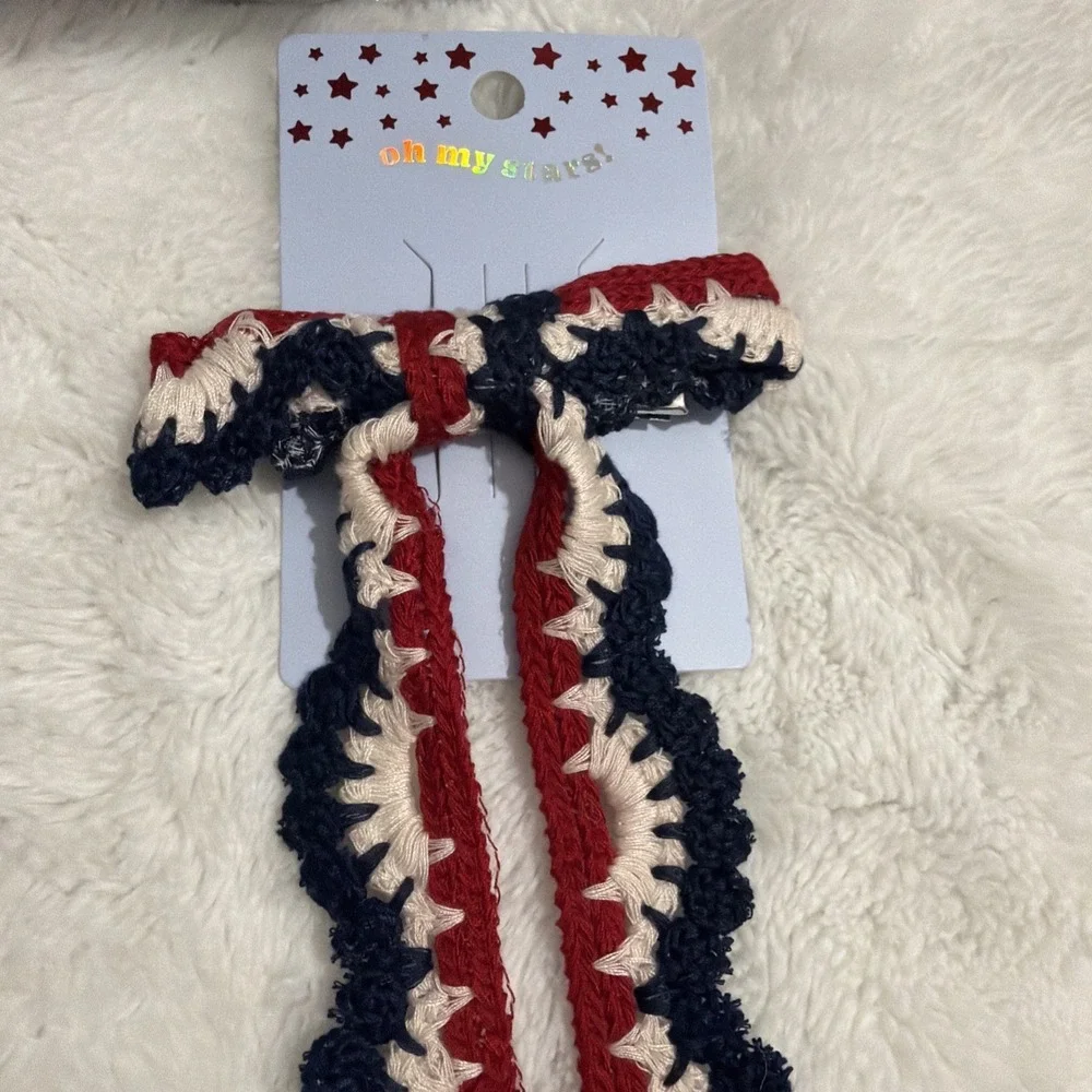 Oh My Stars! Crochet Scalloped Hair Bow girls OS Red White Blue Patriotic